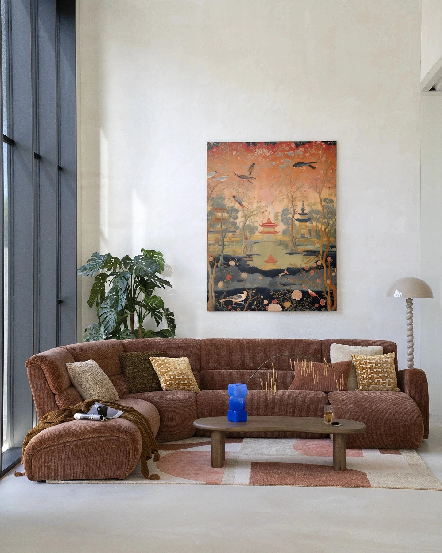 Moderne wanddecoratie van Urban Cotton met een Oriental Night artprint, glaskunst en wandkleed in een stijlvolle, kleurrijke kunststijl
