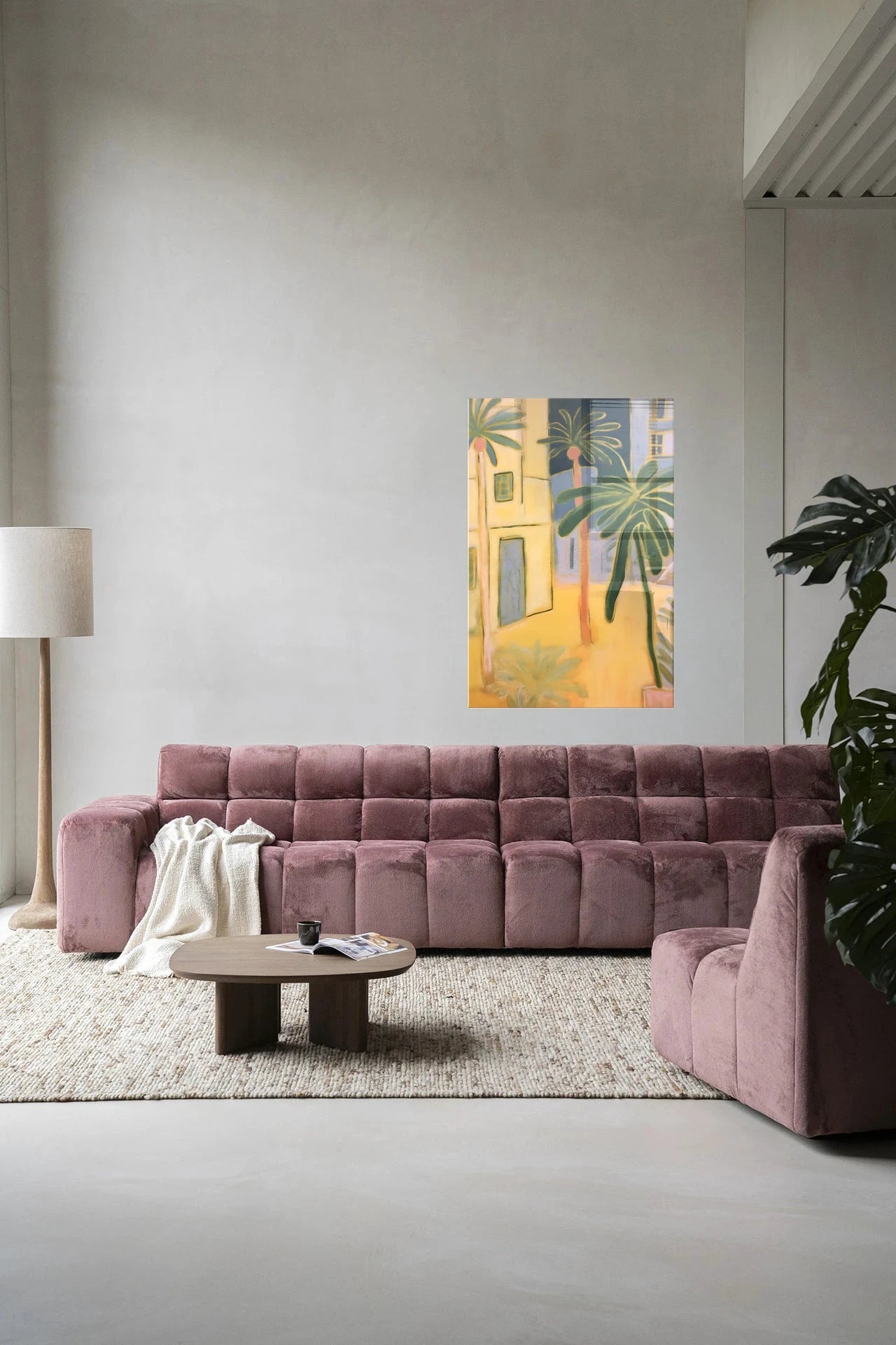Moderne kunstwanddecoratie Otrobanda door Urban Cotton, glasartwork en wandkleed met kleurrijk abstract design.