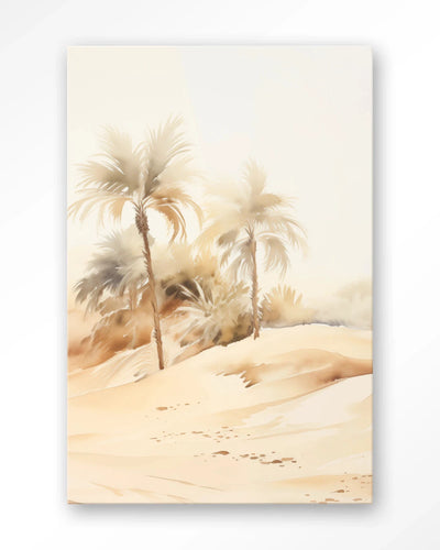 Moderne kunstprint 'Palm Dust' van Urban Cotton met glas en wandkleed, abstracte palmboom en zachte kleuren voor wanddecoratie