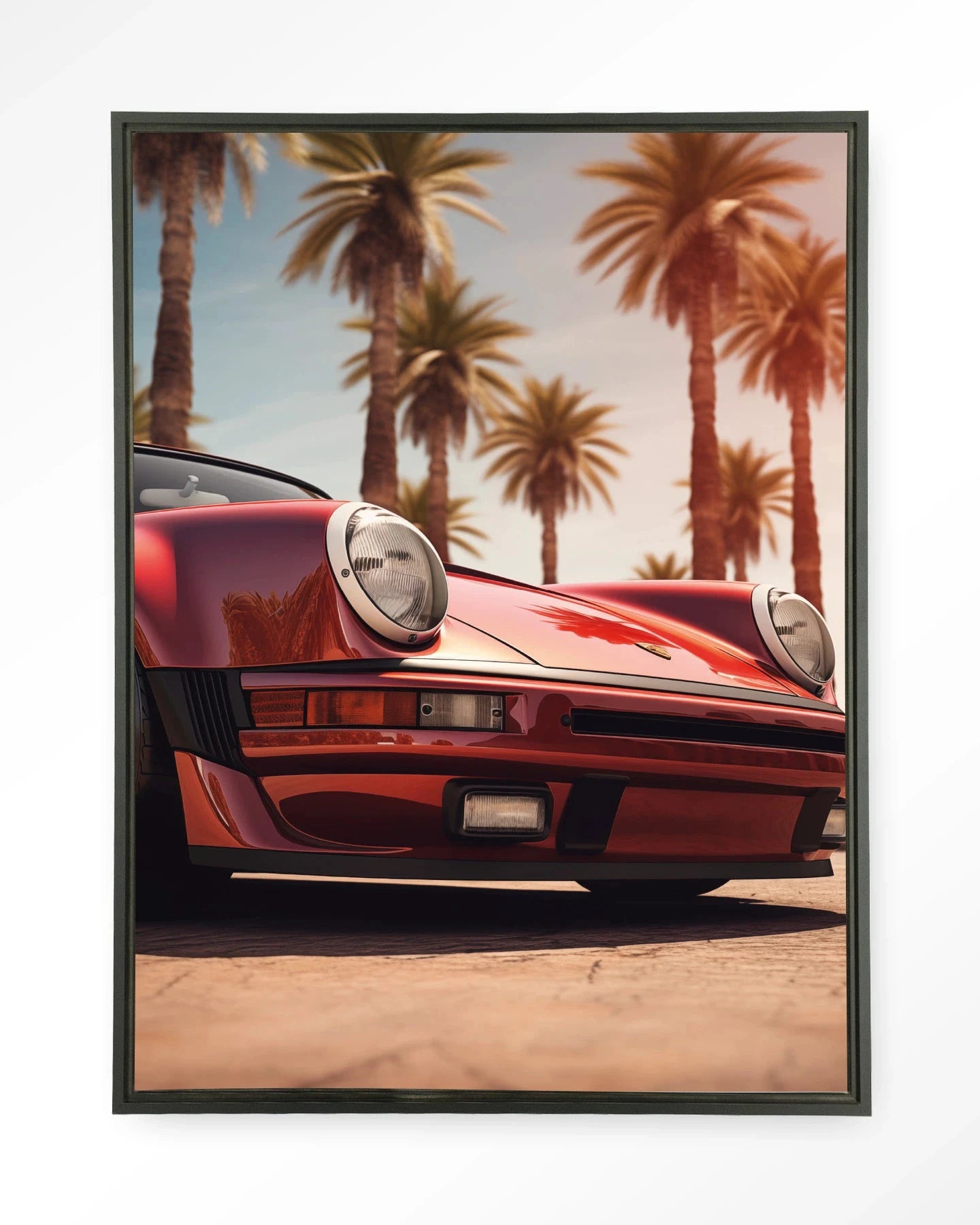 Moderne wanddecoratie van Urban Cotton met Palm Springs kunstprint en wandkleed in zwart frame, kleurrijk en stijlvol voor interieur.