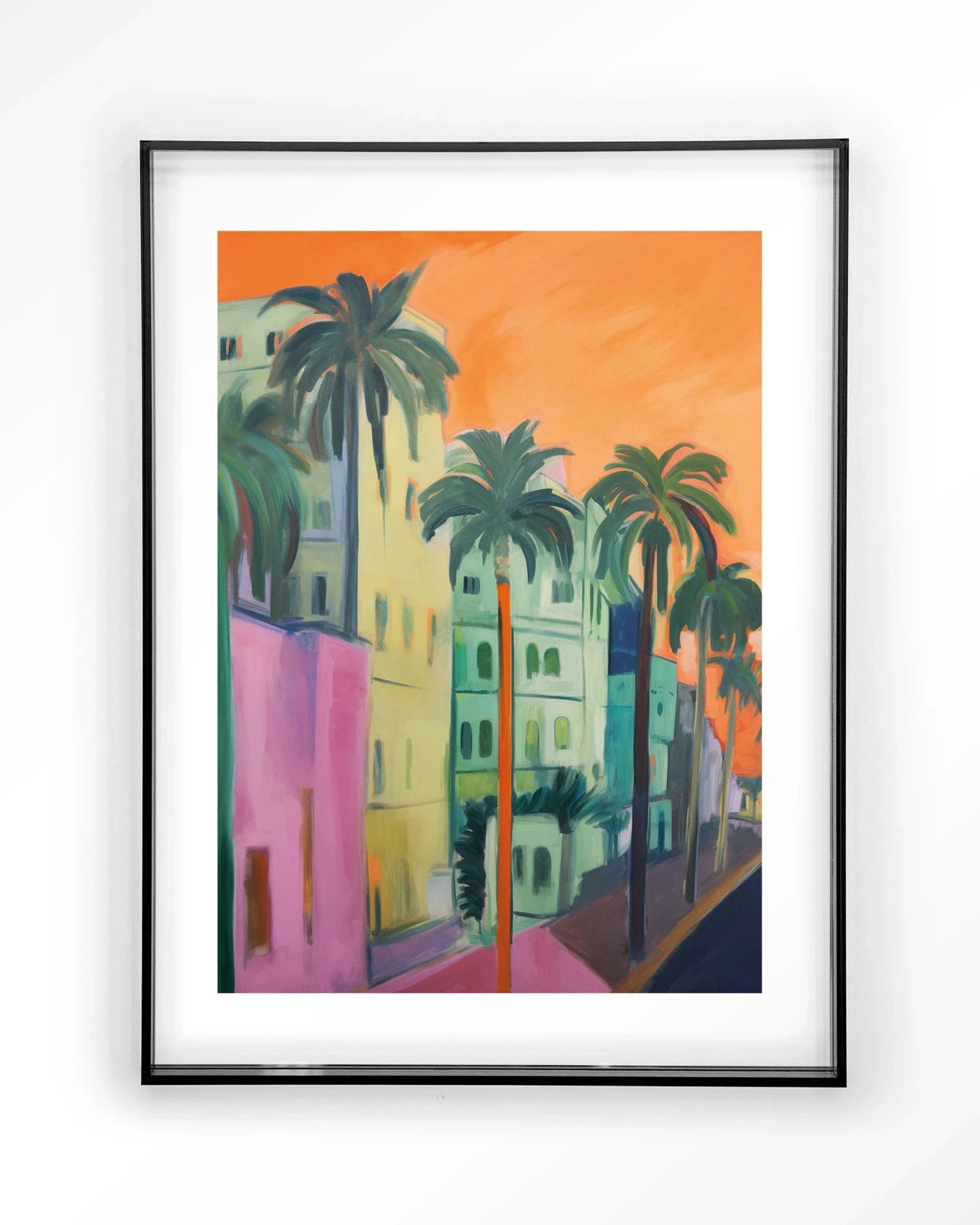 Moderne wanddecoratie van Urban Cotton, kunstprint met palmstreet ontwerp en zwarte acryl lijst, geschikt voor interieur.