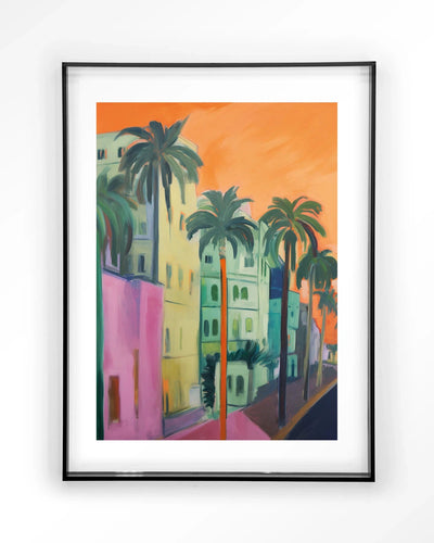 Moderne wanddecoratie van Urban Cotton, kunstprint met palmstreet ontwerp en zwarte acryl lijst, geschikt voor interieur.