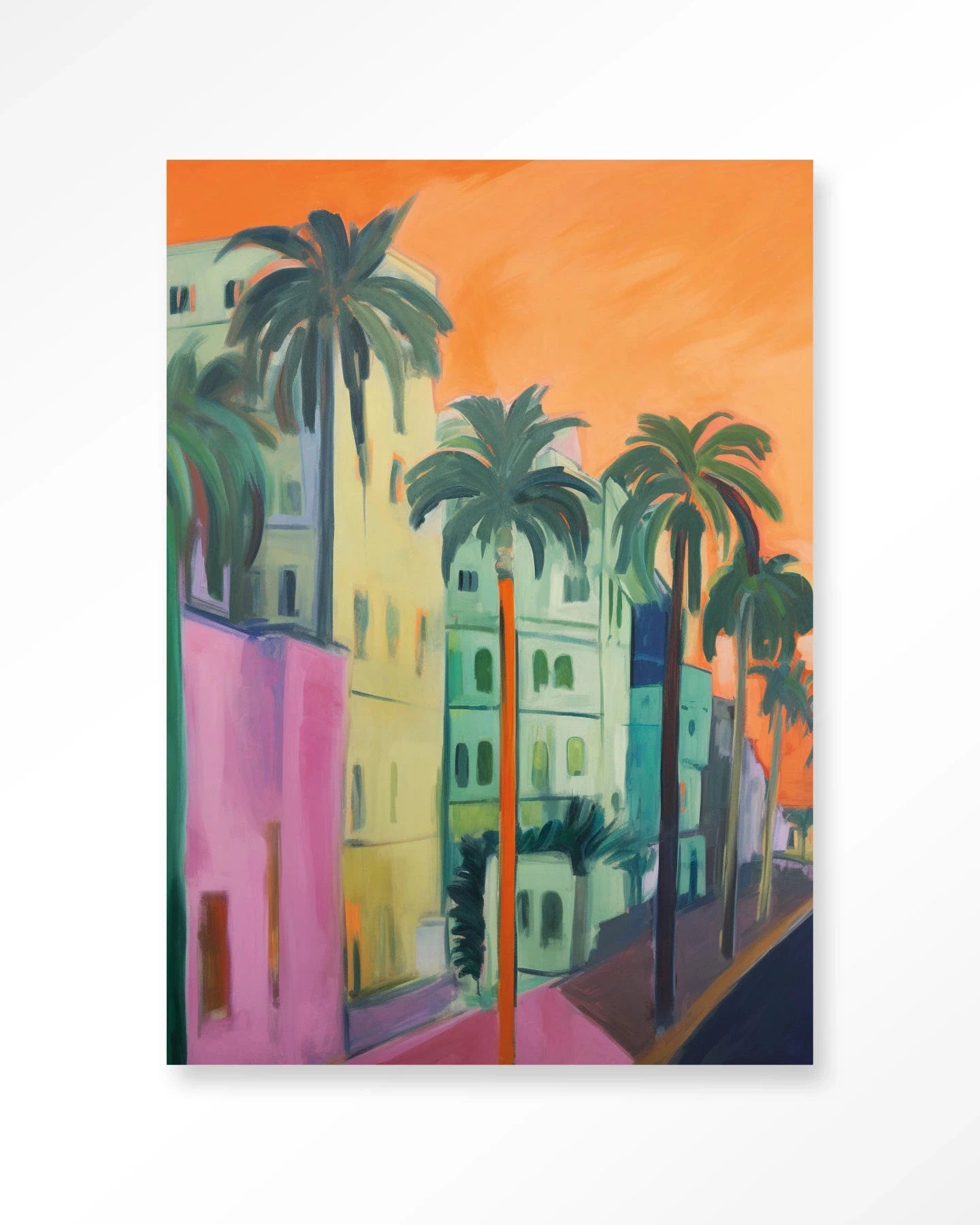Moderne wanddecoratie van Urban Cotton met artprint en glas, met een palm street design en wandkleed voor stijlvolle interieurs
