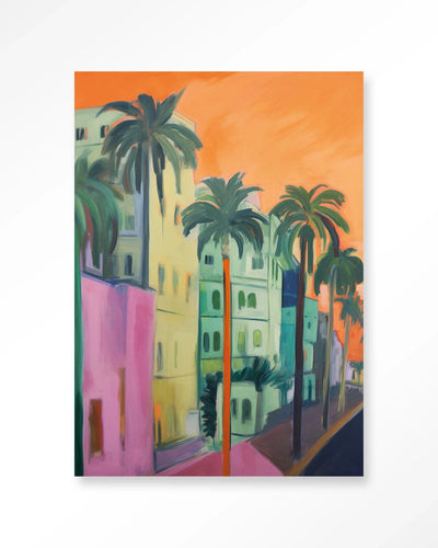 Moderne wanddecoratie van Urban Cotton met artprint en glas, met een palm street design en wandkleed voor stijlvolle interieurs