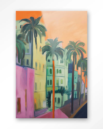 Moderne wanddecoratie van Urban Cotton met palm ontwerp, glas artprint en wandkleed voor een stijlvolle interieurversiering.