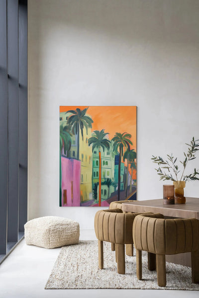 Moderne wanddecoratie van Urban Cotton met palmstreet design, inclusief wandkleed en kunstprint, geschikt voor interieurdecoratie.