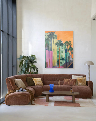 Moderne wanddecoratie van Urban Cotton met palmstreet-artprint en wandkleed, geschikt als glass art voor in huis.