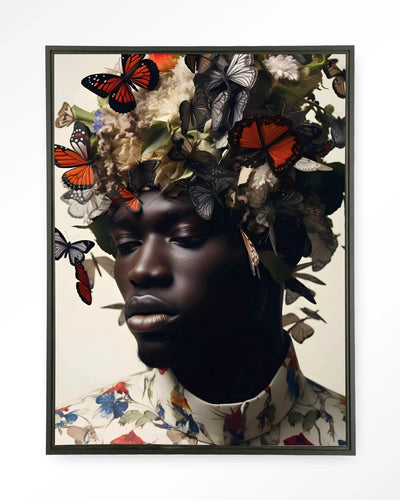 Moderne wanddecoratie met papillon kunstprint op wandkleed en zwart floating frame, door Urban Cotton
