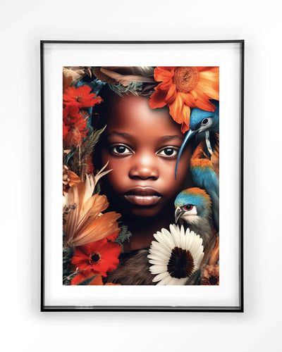 Moderne wanddecoratie met paradijsvogel kunstprint, zwart acryl frame, Urban Cotton kunstwerk voor in huis.