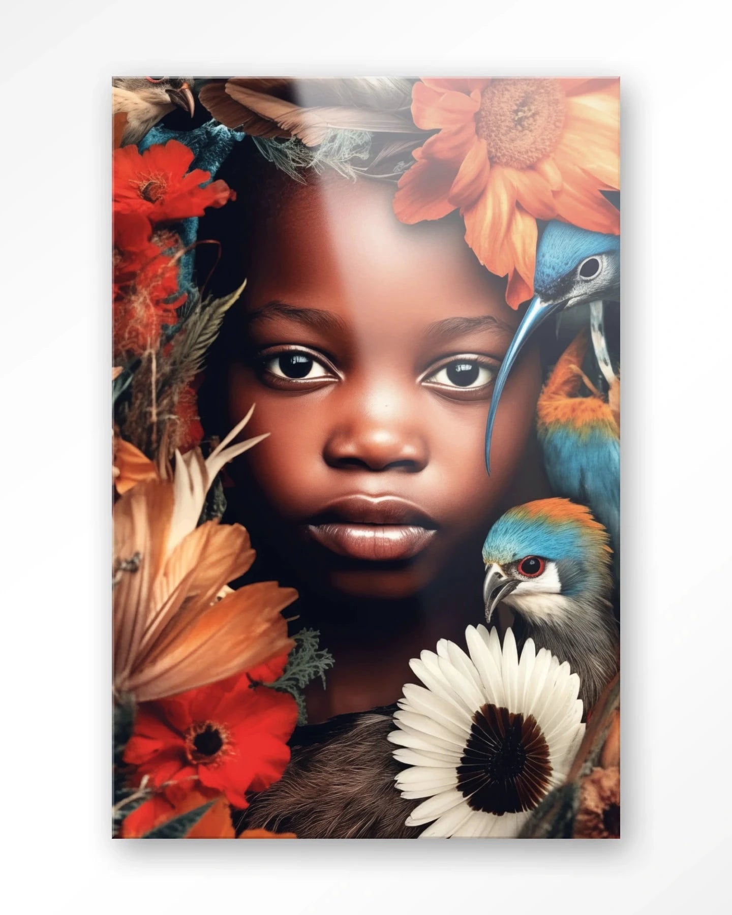 Moderne wanddecoratie van Urban Cotton met glaskunst en artprint van Paradise Bird, kleurrijk en decoratief voor in huis.