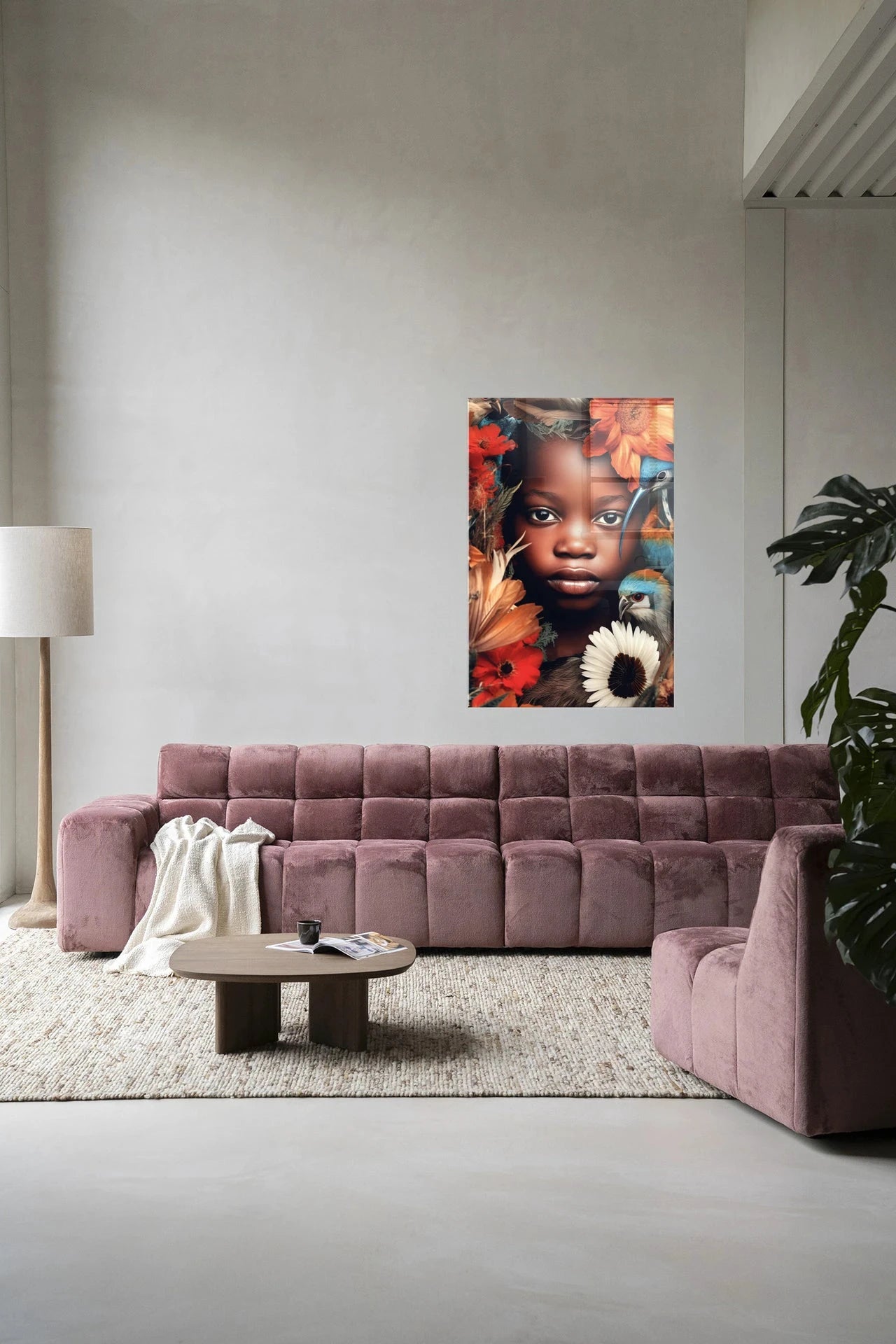 Modern kunstwerk van Urban Cotton met een paradijsvogel op glas, geschikt als wanddecoratie of artprint.