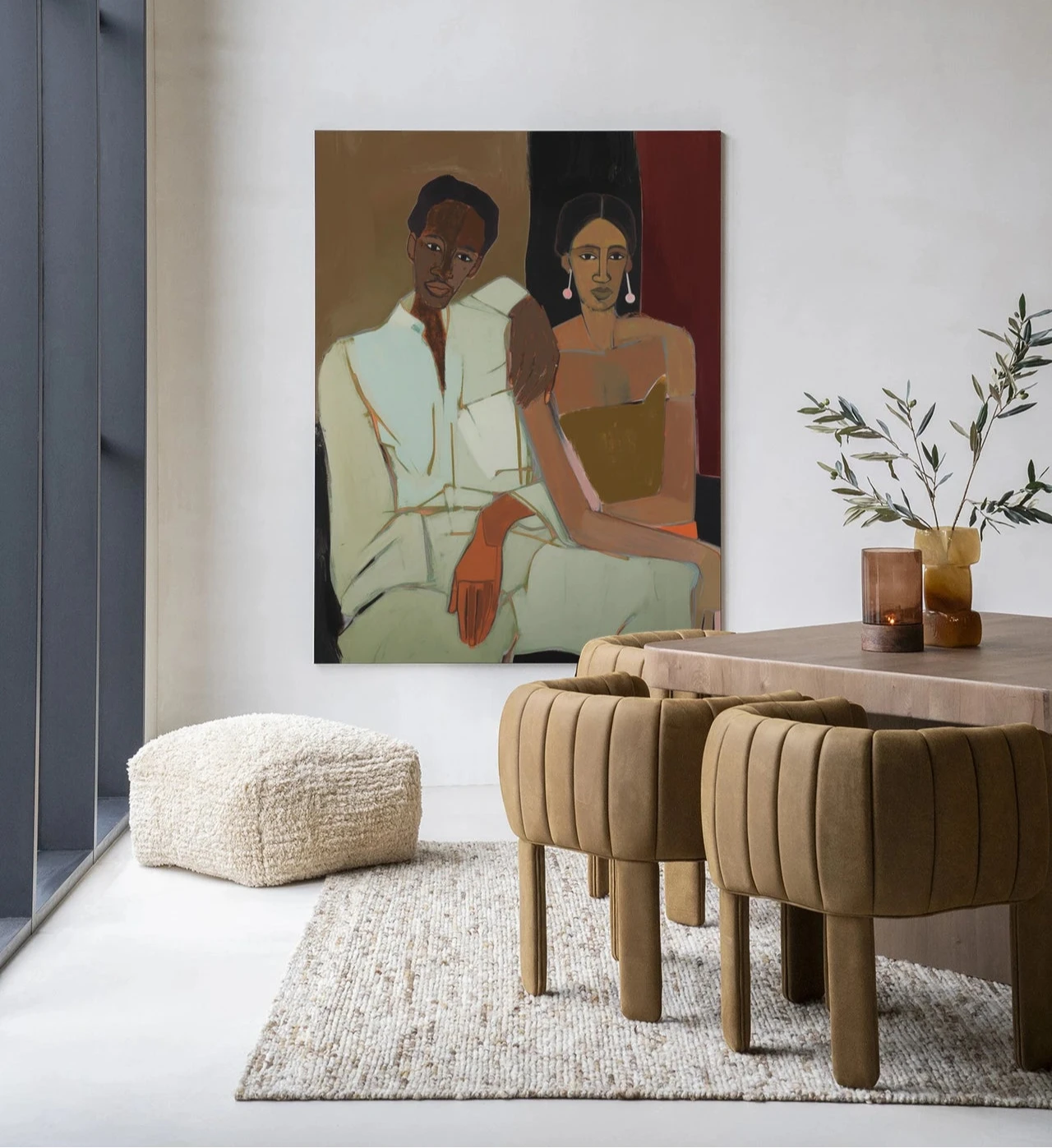 Moderne wanddecoratie van Urban Cotton, inclusief kunst, glass art en wandkleed met abstract design en frame.