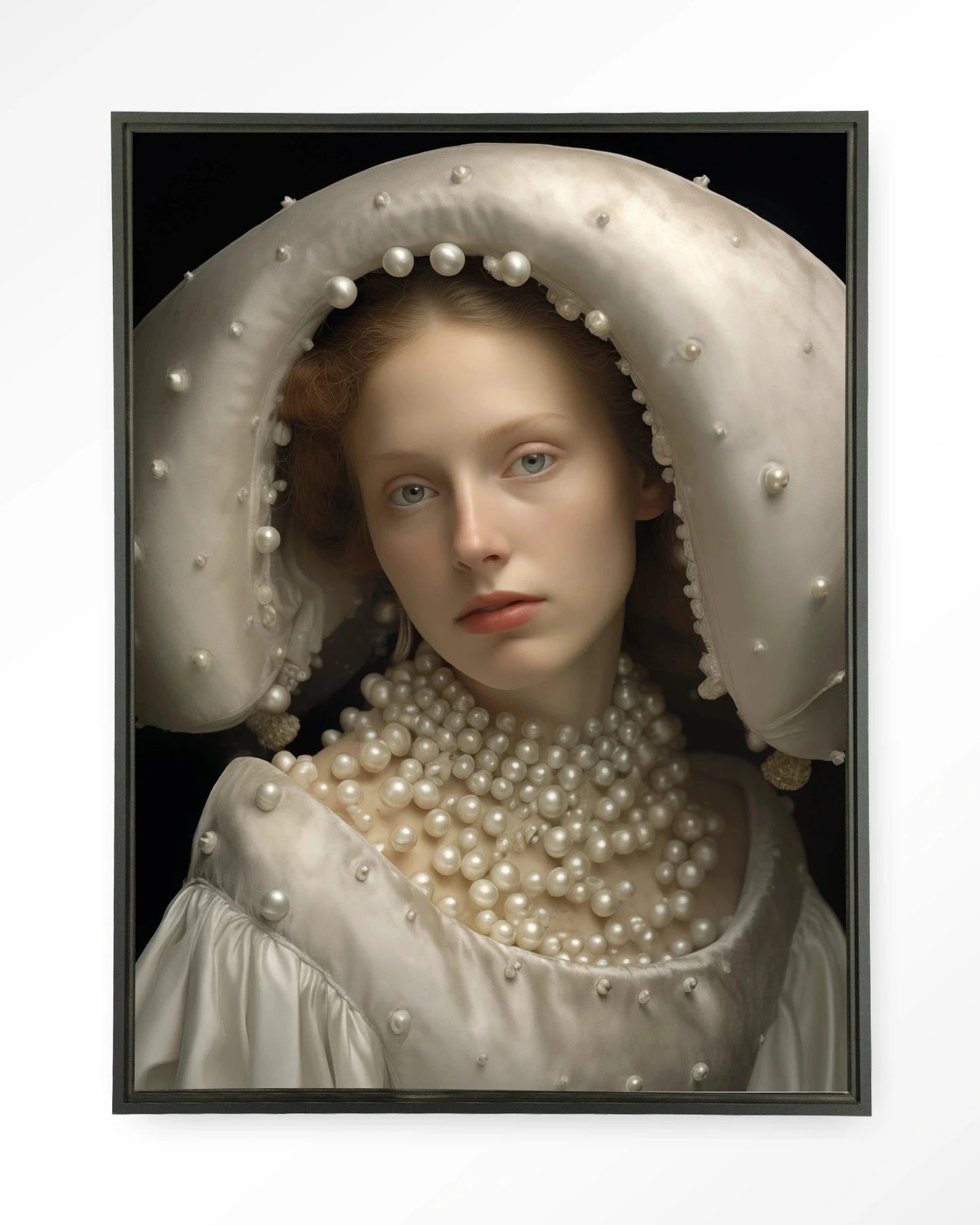 Moderne wanddecoratie van Urban Cotton met Pearl Princess kunstprint op zwart wandkleed en floating frame.