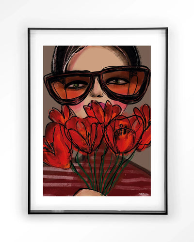 Moderne Poppy kunstprint met zwart acryl frame, wanddecoratie van Urban Cotton met glasart en wandkleed in stijlvolle interieurstijl.