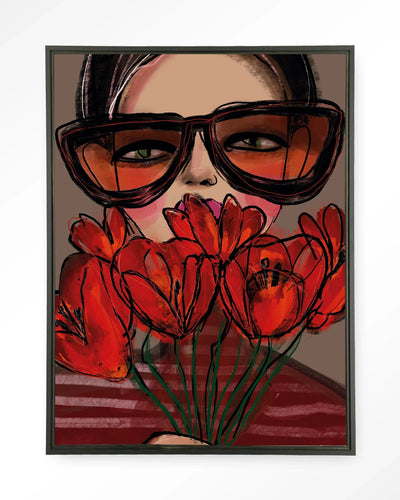 Moderne wanddecoratie van Urban Cotton met Poppy kunstprint en wandkleed in zwart frame, kleurrijk en stijlvol voor elke ruimte.