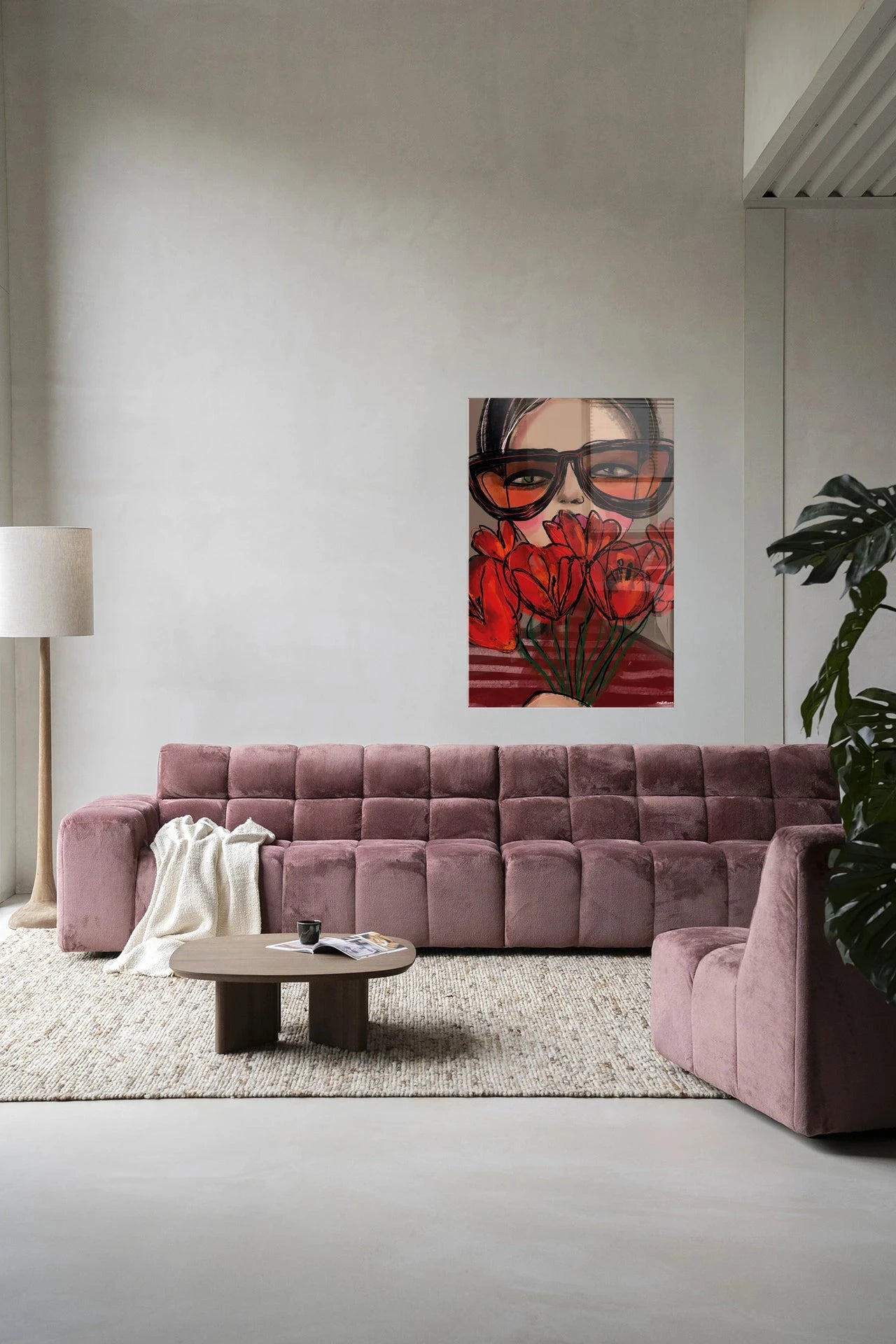 Moderne wanddecoratie met glasartwork en kunstprint van Poppy door Urban Cotton, kleurrijk en abstracte kunst voor aan de muur