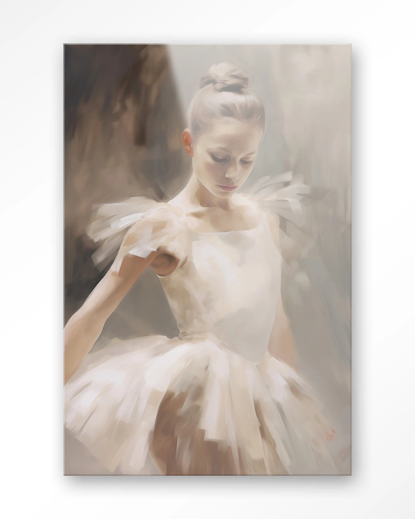 Moderne wanddecoratie van Urban Cotton, glas artprint met een ballerina pose, geschikt als kunstwanddecoratie.