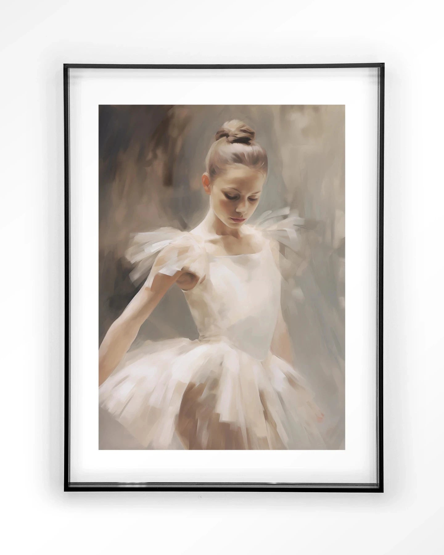 Moderne wanddecoratie met een kunstprint van een poserende ballerina in een zwart acryl frame, door Urban Cotton