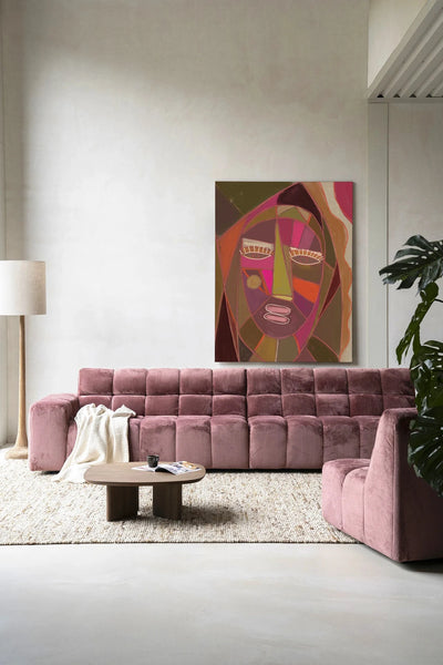 Moderne wanddecoratie van Urban Cotton met kunstprint, glasart en wandkleed met Quamatcha ontwerp in frame.