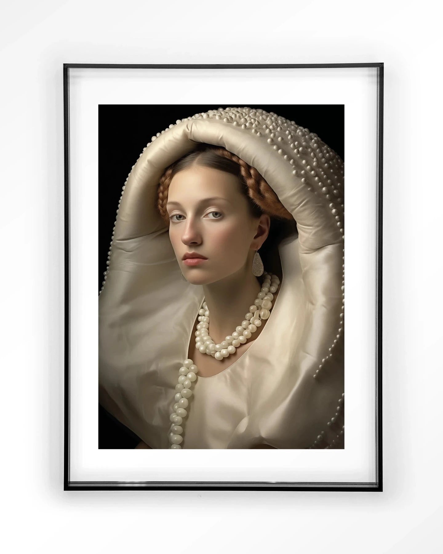 Moderne wanddecoratie van Urban Cotton, kunstprint met parelthema op acryl frame in zwart, geschikt als glas kunst en wandkleed.