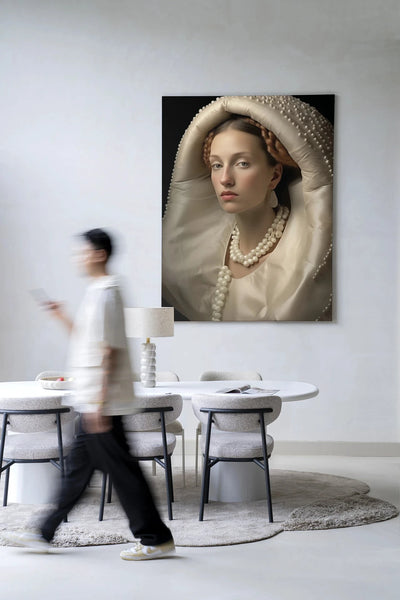 Moderne wanddecoratie van Urban Cotton met Queen of Pearls kunstprint, glasart en wandkleed, kleurrijk en abstract ontwerp.