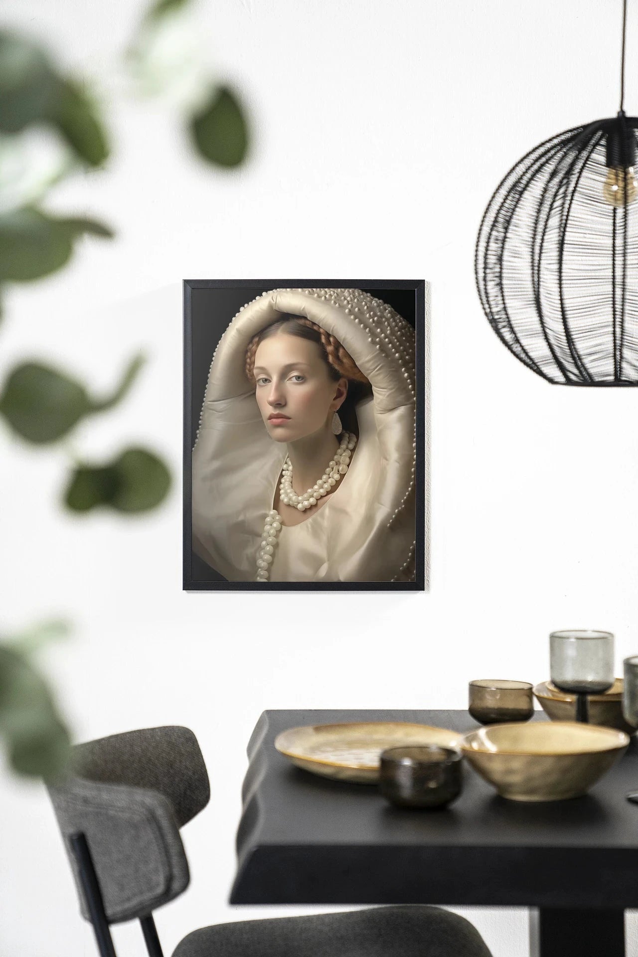 Moderne wanddecoratie van Urban Cotton met kunstprint 'Queen of Pearls' in houten frame met zwart glas, elegante wandkunst