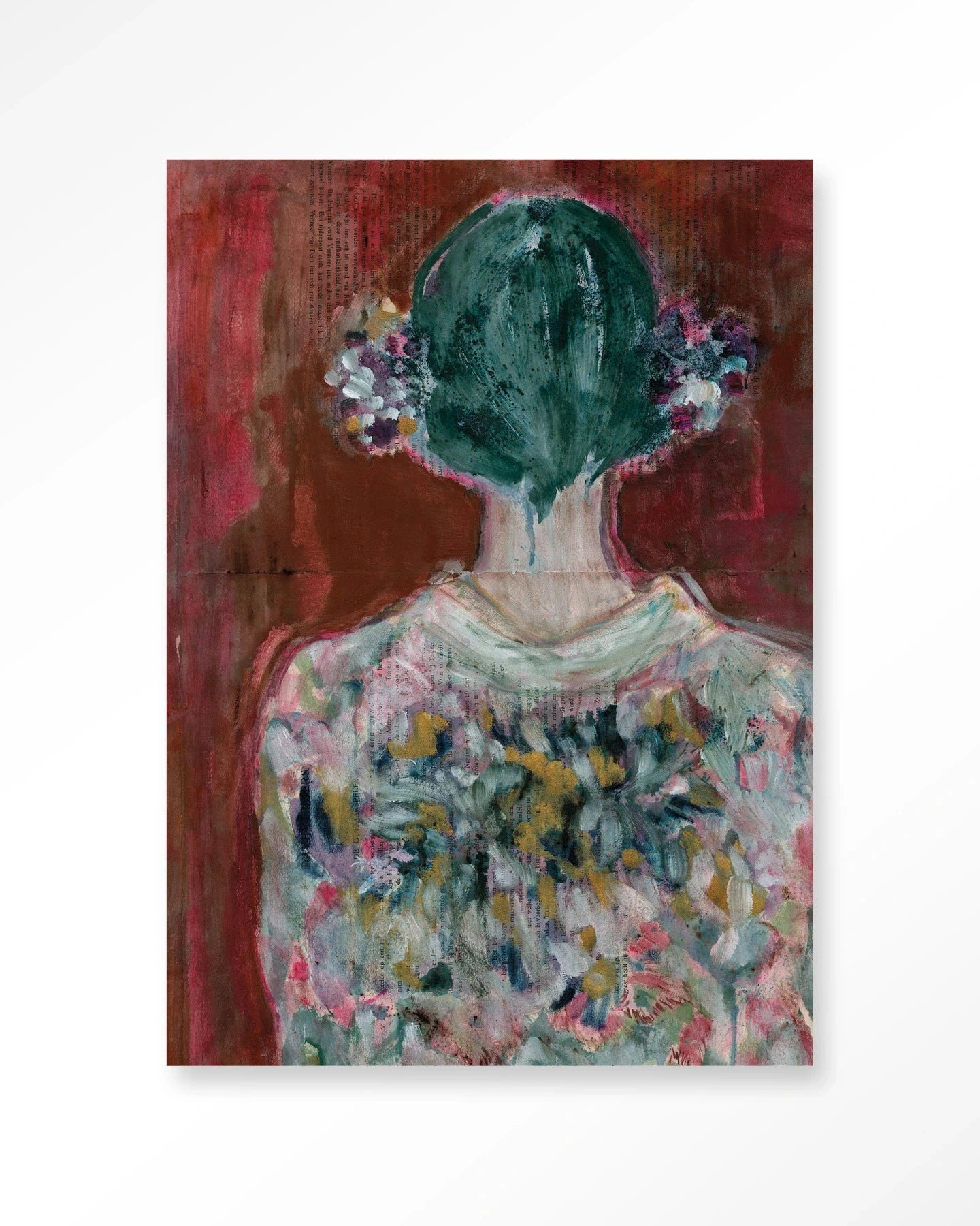 Moderne wanddecoratie met rood fluwelen kunstprint van Urban Cotton, inclusief glazen kunst en wandkleed.