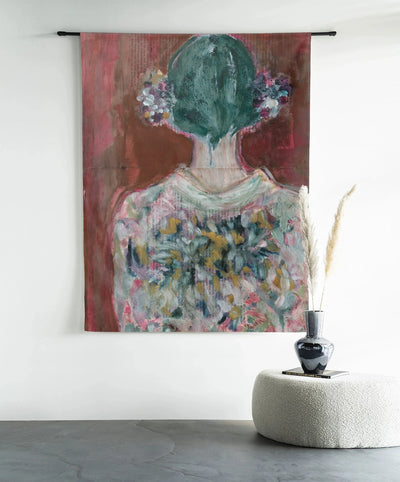 Moderne rode velvet wandkleed van Urban Cotton, kunstwerk met glas en decoratief textiel voor op de muur