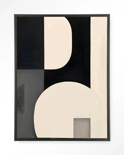 Moderne wanddecoratie van Urban Cotton met zwart wandkleed en floating frame, kunstwerk met abstracte ontwerp voor in huis.
