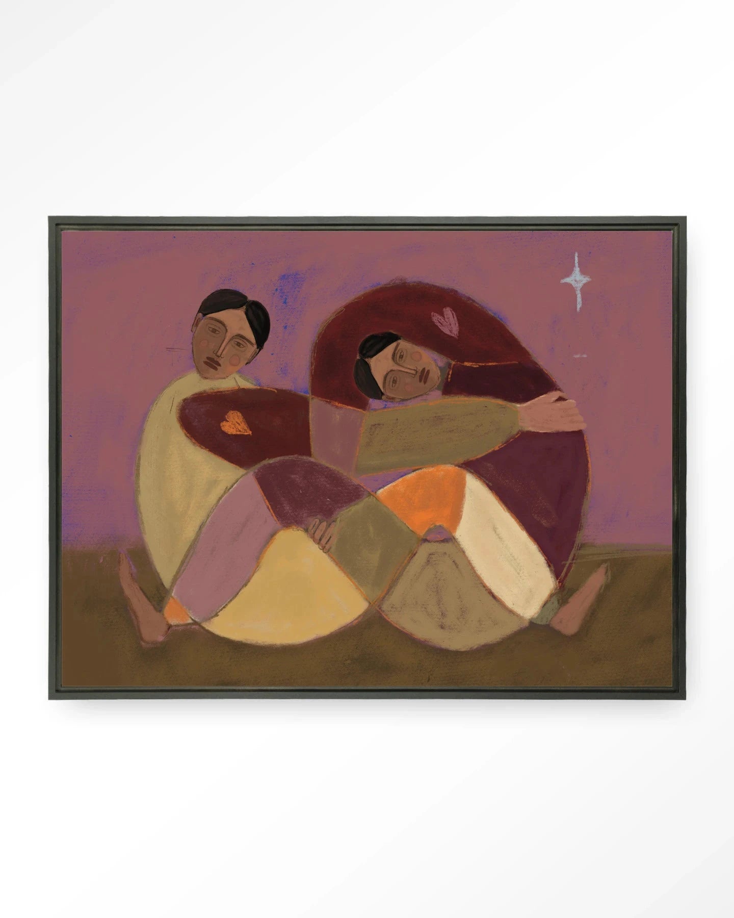 Moderne wanddecoratie met kunstprint en wandkleed van Urban Cotton, abstracte Rolling Sisters in zwart frame, muurkunst voor in huis.