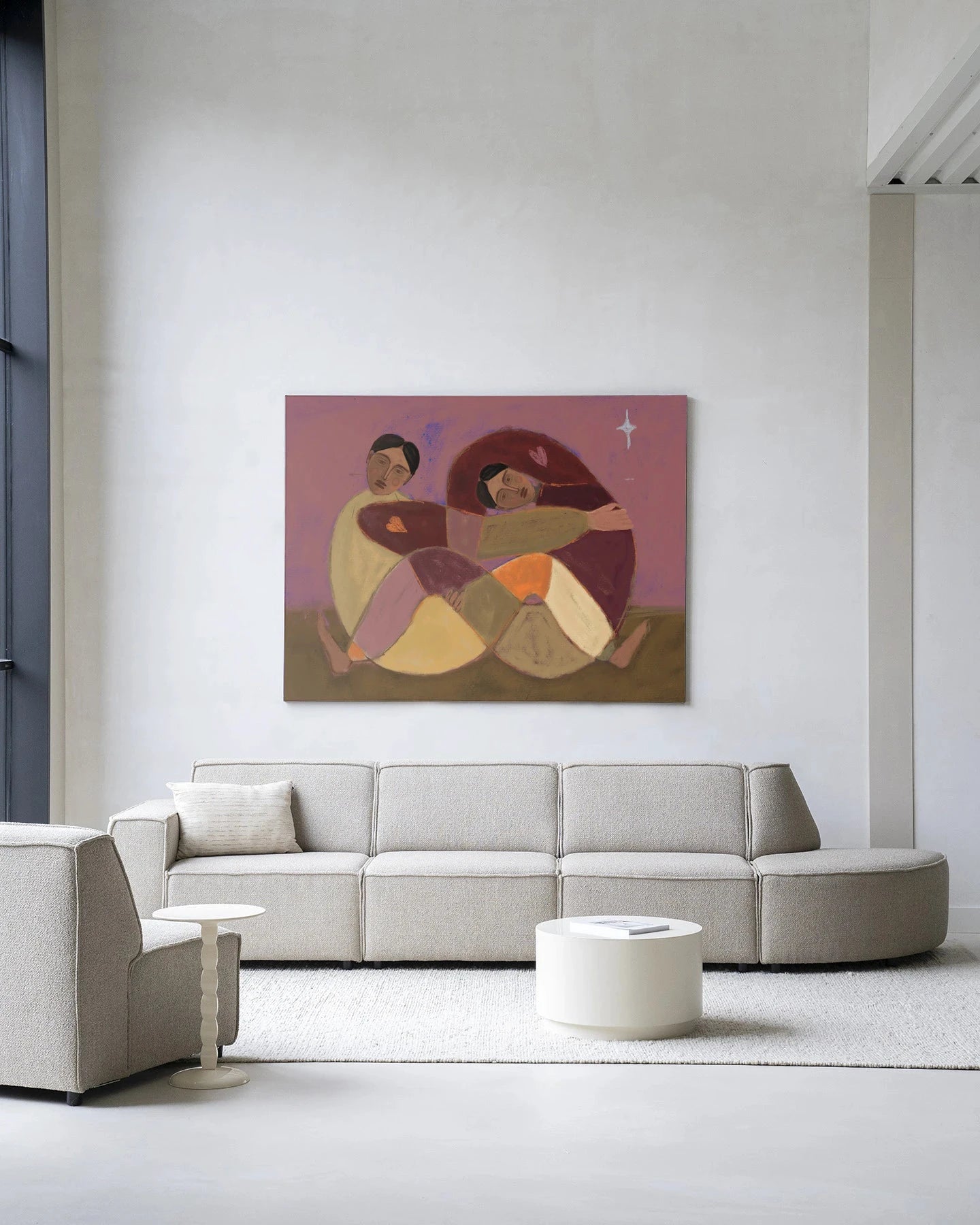 Moderne wanddecoratie met kunstprint van Rolling Sisters door Urban Cotton, inclusief glasart en wandkleed in frame.