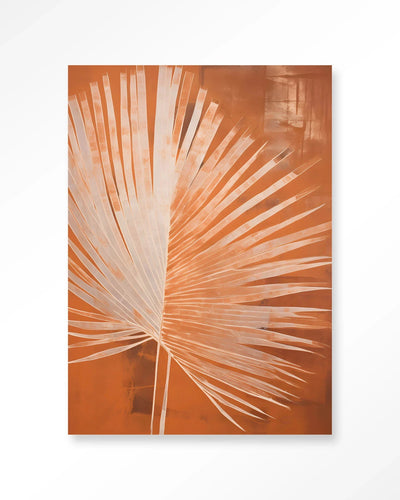 Moderne wanddecoratie van Urban Cotton met een artprint van een roestige palm in glas en textiel.