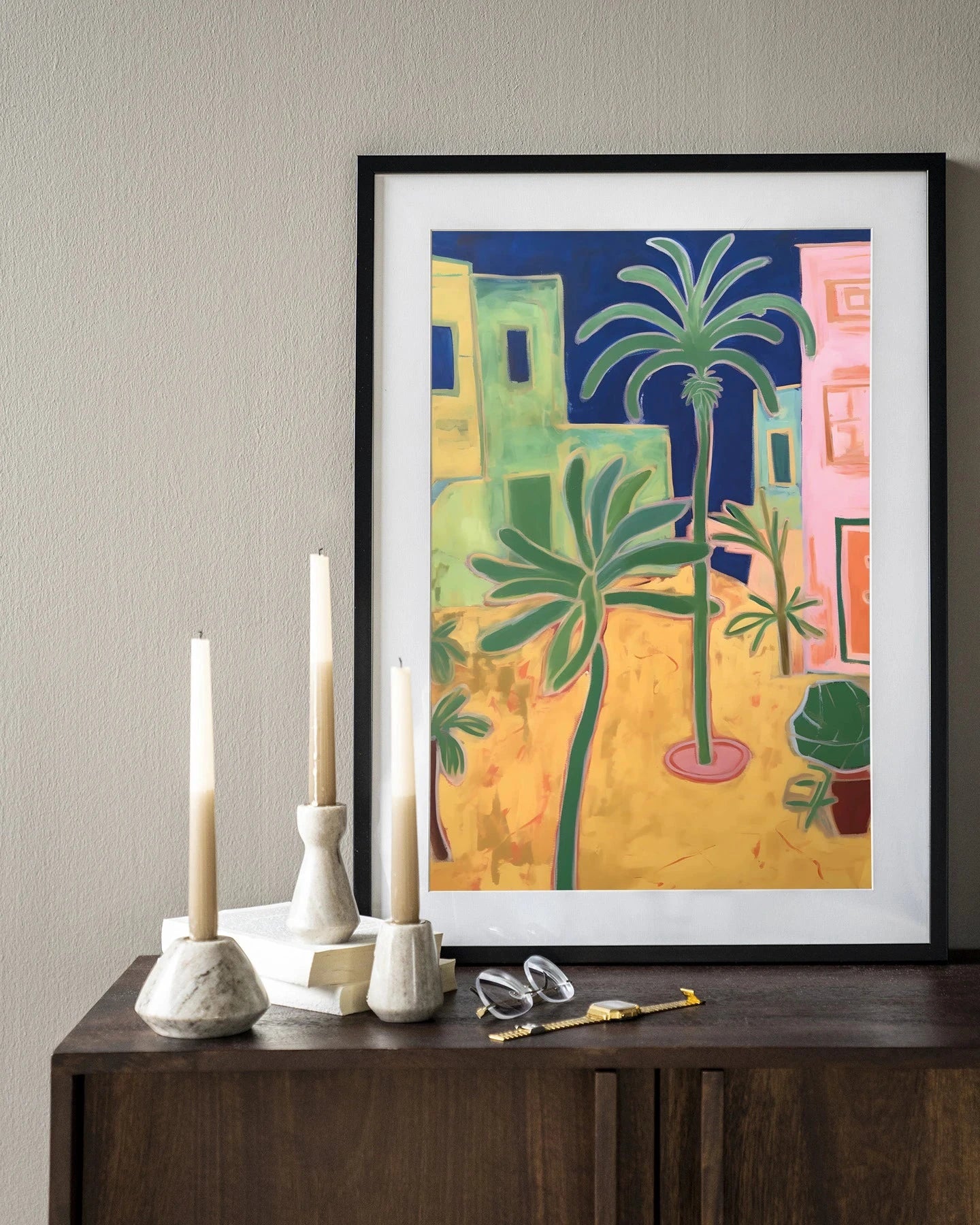 Moderne wanddecoratie van Urban Cotton met een kunstprint, houten frame en zwart glas, Santa Rosa ontwerp voor stijlvolle muurversiering