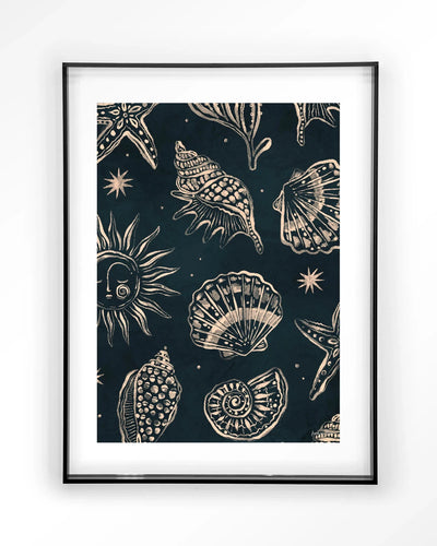 Seashells Midnight - Moderne Wanddecoratie | Artprint, Glass Art & Wandkleed by Urban Cotton