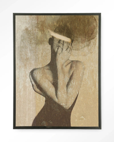 Moderne wanddecoratie van Urban Cotton met Self Love kunstprint, glas art en wandkleed in zwart floating frame.