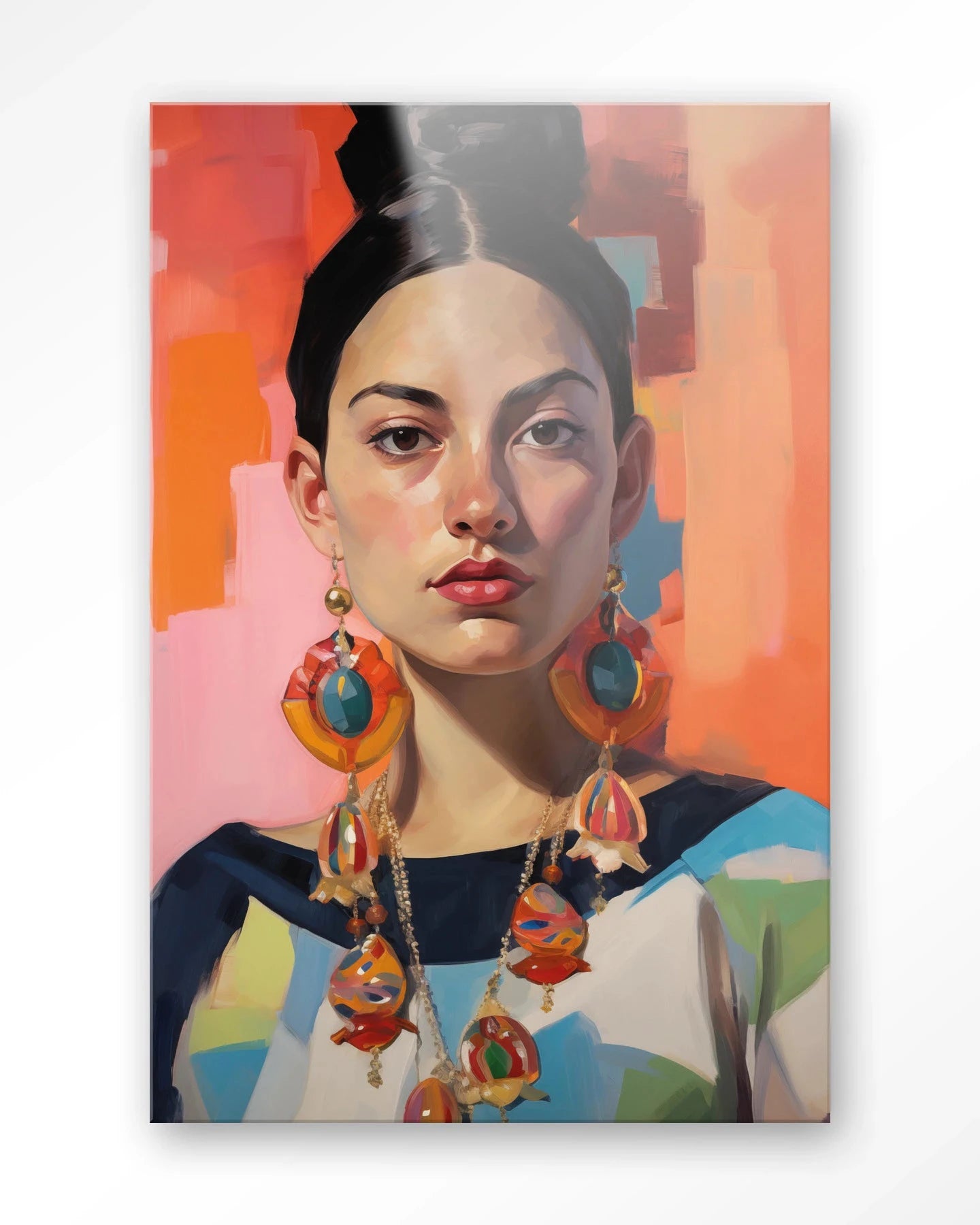 Modern artprint en glazen wanddecoratie van Urban Cotton met de afbeelding van een vrouw in een kleurrijk kunstwerk