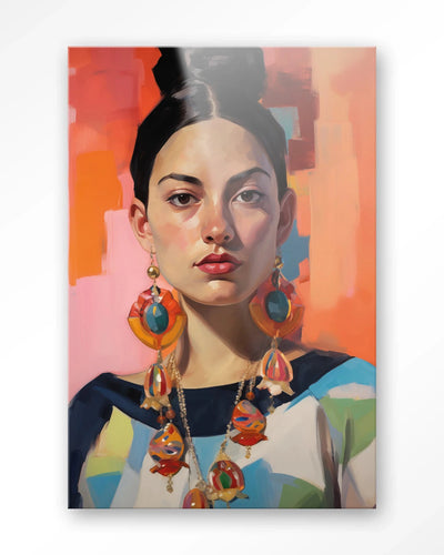 Modern artprint en glazen wanddecoratie van Urban Cotton met de afbeelding van een vrouw in een kleurrijk kunstwerk
