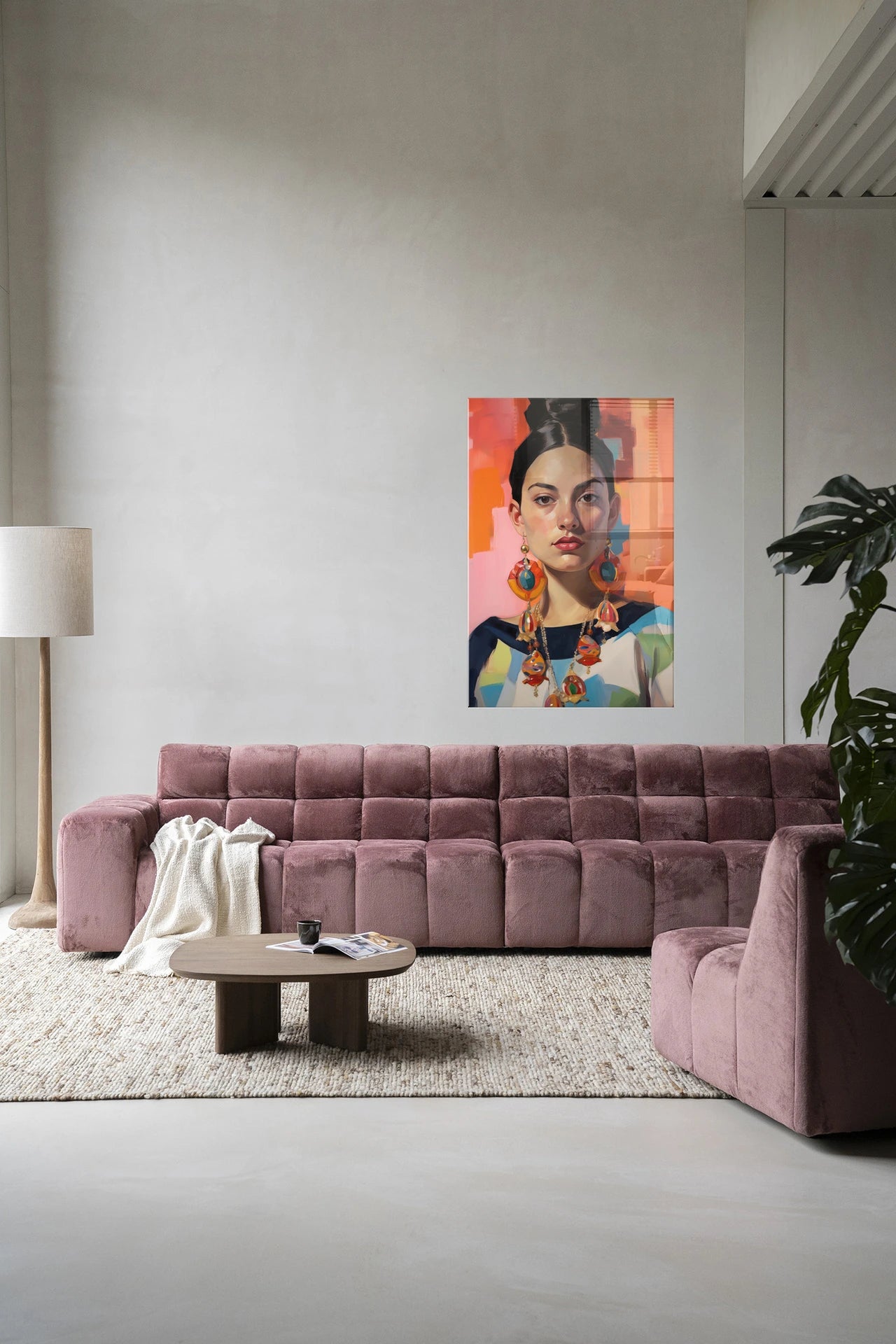 Moderne wanddecoratie kunst van Urban Cotton, glasart en wandkleed met een elegante afbeelding van een senorita, kleurrijk en stijlvol.