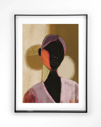 Moderne kunstprint van een silhouet van een vrouw door Urban Cotton, ingelijst in zwart acryl, geschikt als wanddecoratie