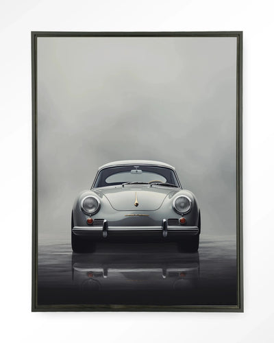 Moderne wanddecoratie van Urban Cotton met afbeelding van een Smokey Car kunstprint op zwart wandkleed en glazen frame