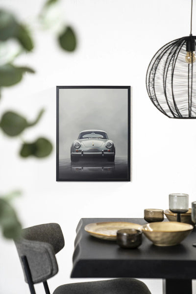 Moderne wanddecoratie met afbeelding van een rokerige auto, in zwart houten frame, van Urban Cotton, geschikt als kunstwerk.