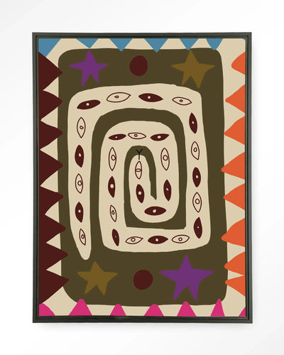 Moderne Snake Eye wanddecoratie van Urban Cotton, inclusief kunstprint, glazen kunst en wandkleed met zwart frame.