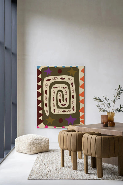 Moderne snake eye kunstwanddecoratie van Urban Cotton, inclusief glas art en wandkleed met opvallend design en levendige kleuren.