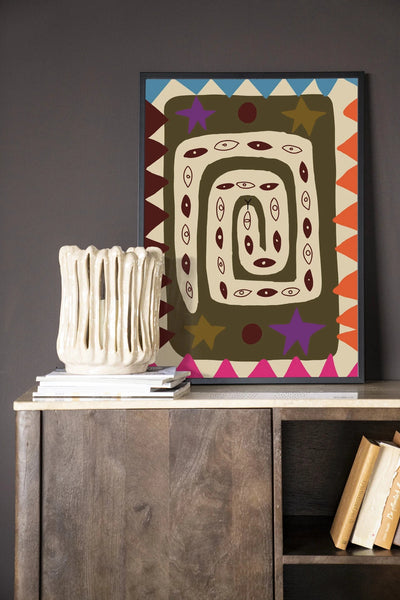 Moderne Snake Eye wanddecoratie van Urban Cotton, kunstprint met houten frame en zwart glas, geschikt als muurkunst.