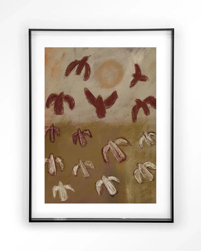 Moderne Sunbirds kunstprint met acryl frame in zwart, wanddecoratie van Urban Cotton met glaskunst en wandkleed.