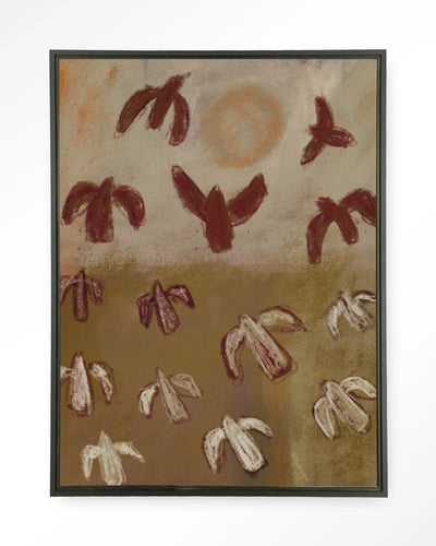 Moderne wanddecoratie van Sunbirds door Urban Cotton, kunstprint, glazen kunstwerk en wandkleed met zwart frame