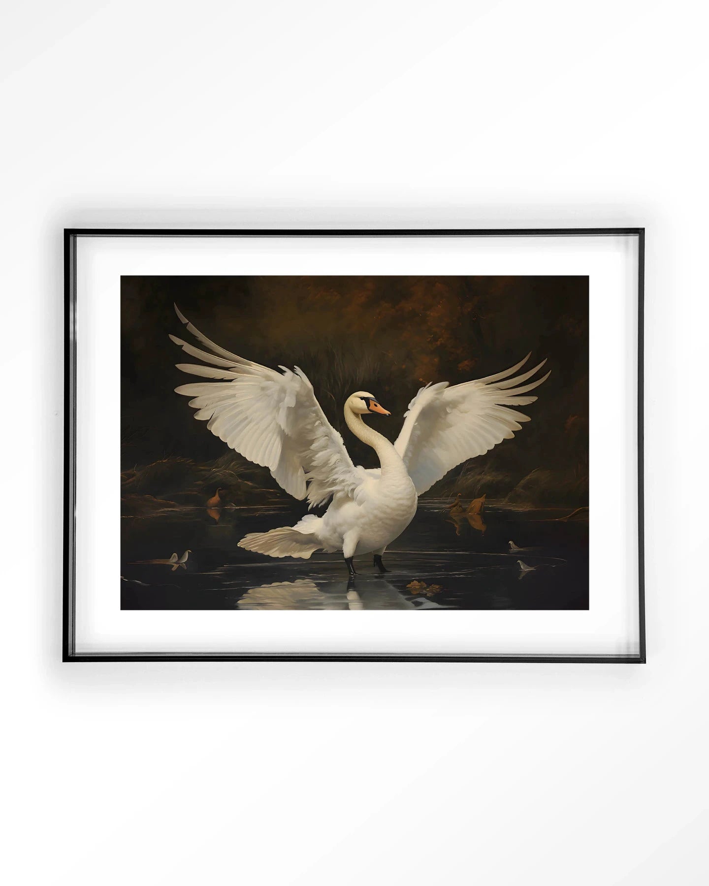 Moderne wanddecoratie met kunstprint van zwaan en ballet in zwart frame, van Urban Cotton, ideaal voor stijlvolle interieuraccenten.