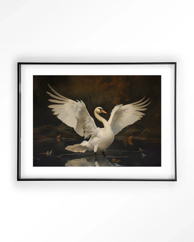Moderne wanddecoratie met kunstprint van zwaan en ballet in zwart frame, van Urban Cotton, ideaal voor stijlvolle interieuraccenten.