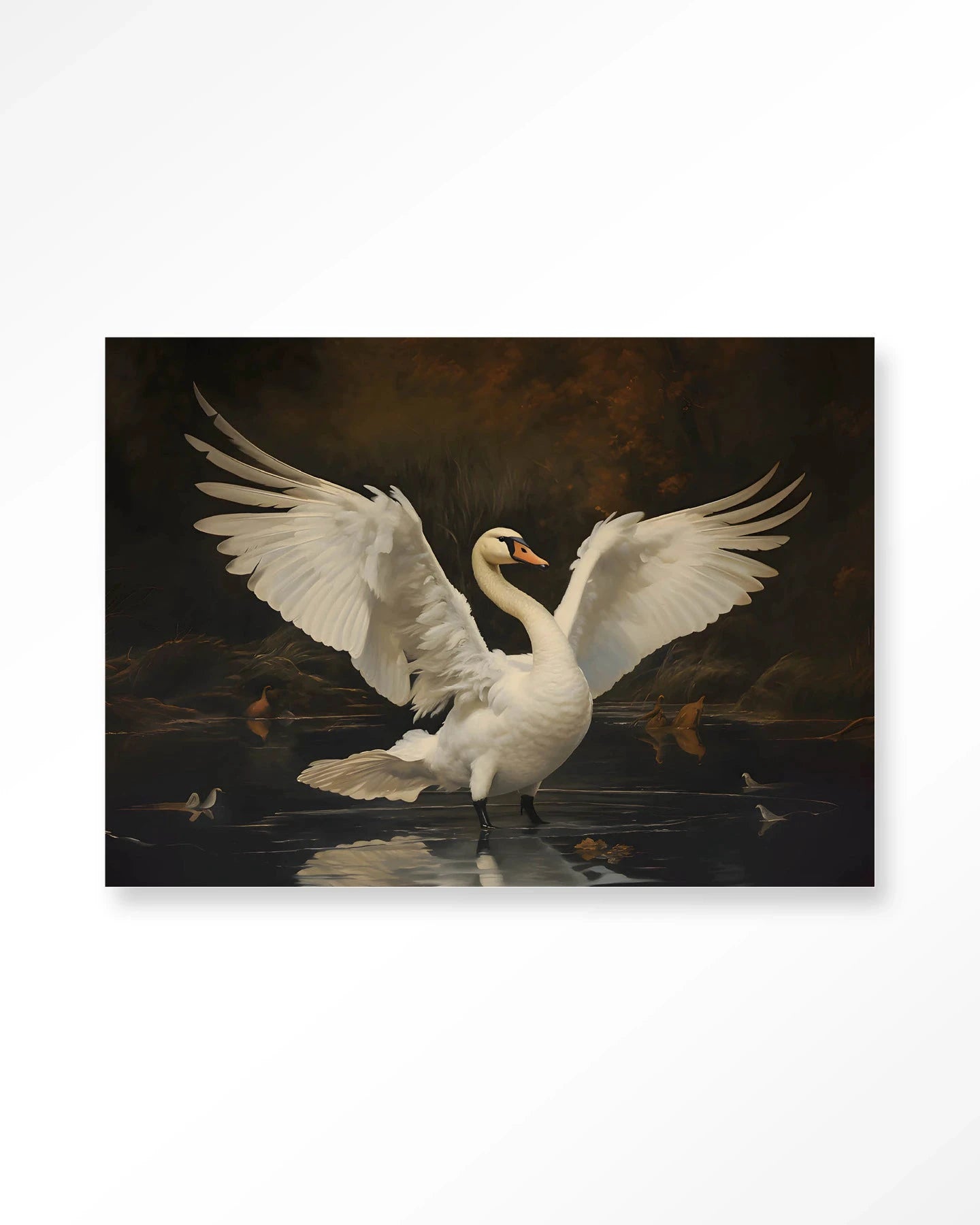 Moderne wanddecoratie van Urban Cotton met Swan Lake kunstprint, glas art en wandkleed, abstract beeld van zwanen en water.