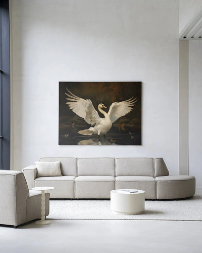 Moderne wanddecoratie met kunstprint van zwaluw en lake, inclusief glasart en wandkleed van Urban Cotton, kleurrijk en stijlvol.